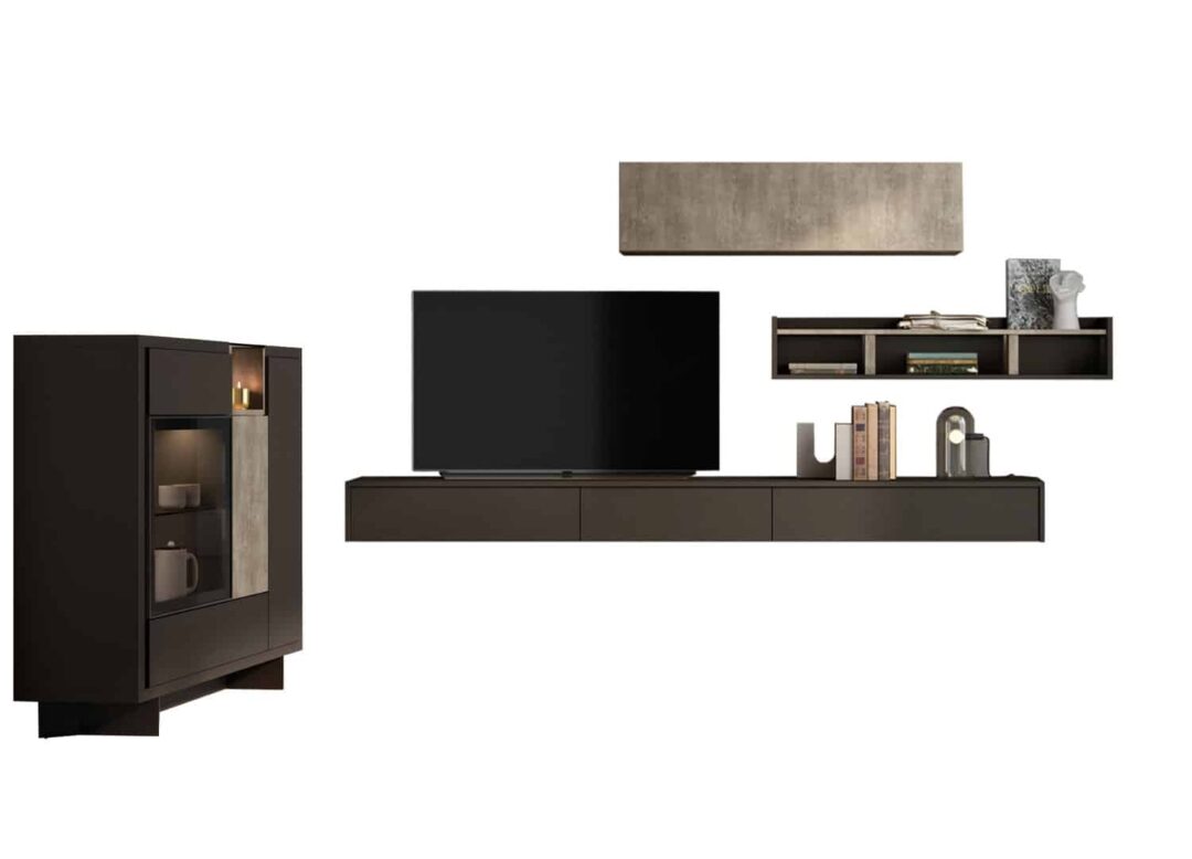 Ensemble TV mural avec meuble buffet de couleurs gris foncé et beige clair