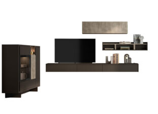 Ensemble TV mural avec meuble buffet de couleurs gris foncé et beige clair