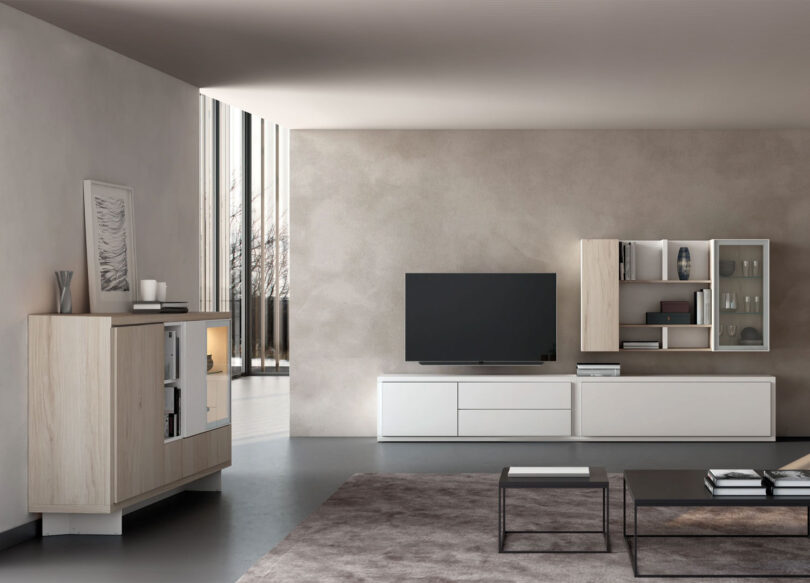 Meubles de salon muraux blanc et bois modernes