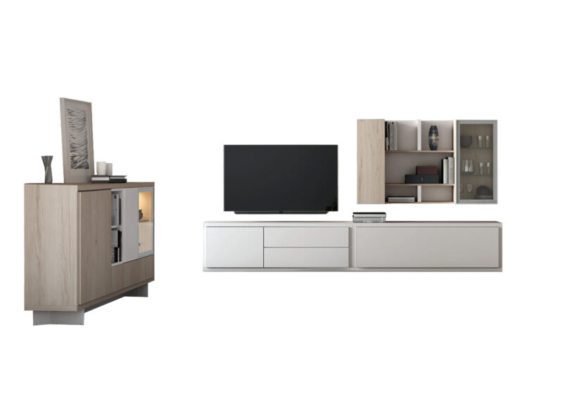 Ensemble meuble tv de salon avec buffet blanc et bois