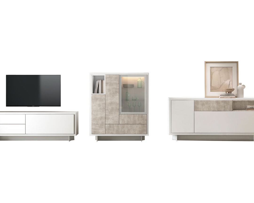 Ensemble de meubles de salon composé d'un meuble TV, une vitrine ainsi que d'un buffet de couleurs blanc modernes