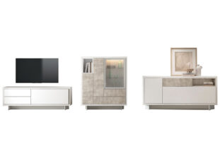 Ensemble de meubles de salon composé d'un meuble TV, une vitrine ainsi que d'un buffet de couleurs blanc modernes