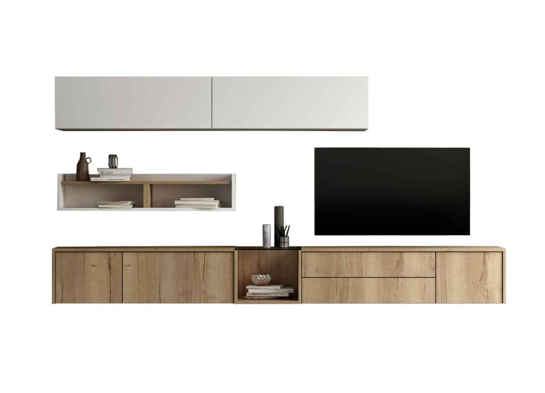Meuble TV épuré blanc et bois avec rangements muraux ainsi qu'une étagère murale