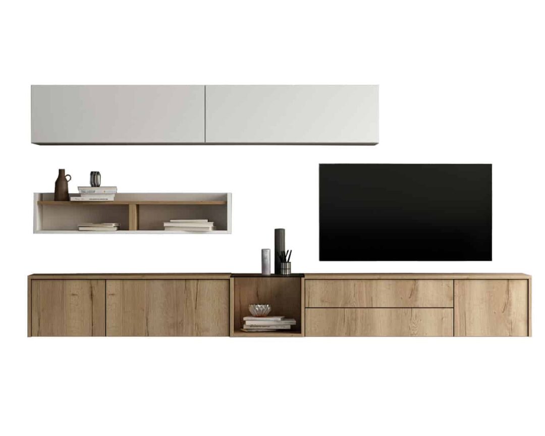 Meuble TV épuré blanc et bois avec rangements muraux ainsi qu'une étagère murale