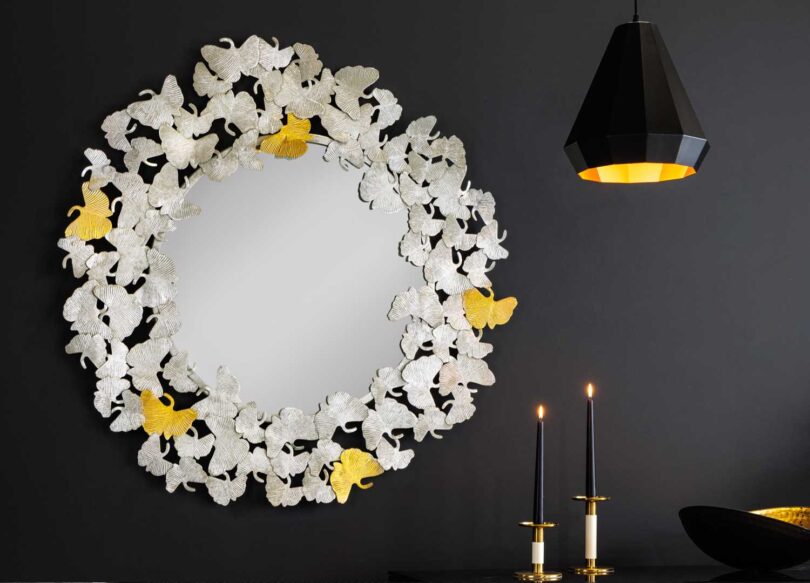 Miroir mural rond en métal décor feuille de ginkgo design