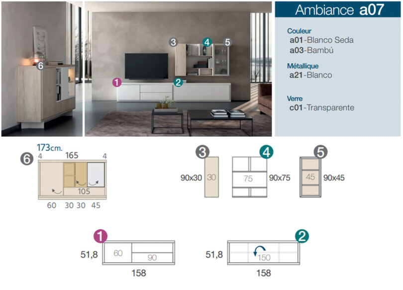 Dimensions et détails de l'ensemble meuble TV mural