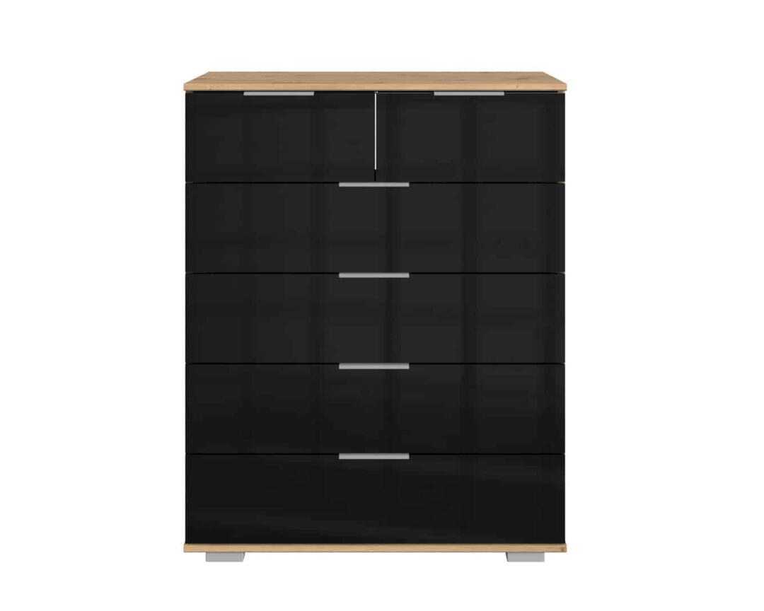 meuble commode 6 tiroirs avec facades en verre noir et structure imitation bois