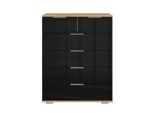 meuble commode 6 tiroirs avec facades en verre noir et structure imitation bois