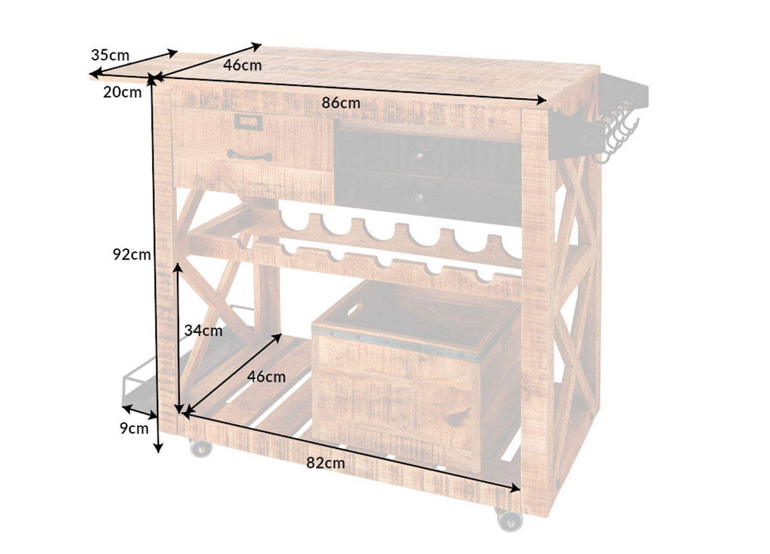 details des dimensions du meuble de bar en bois massif