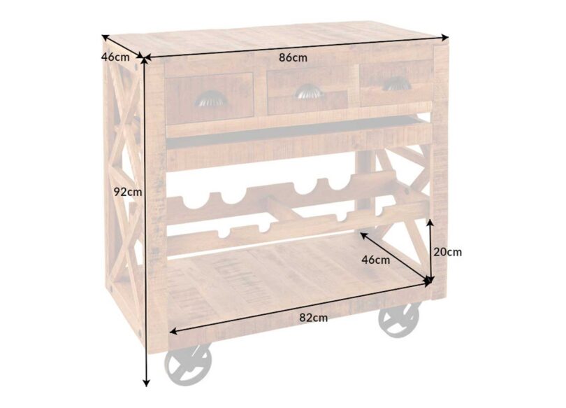 details des dimensions du meuble de bar sur roulettes
