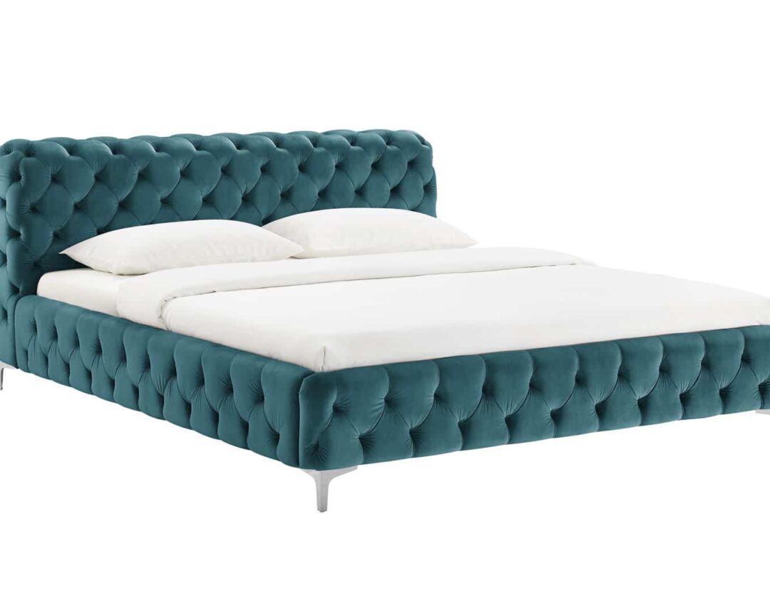 lit couchage 180x200 cm avec tete de lit et cadre de lit en velours bleu pacifique