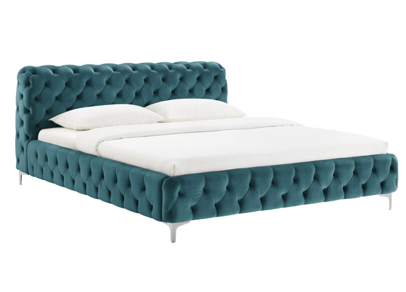lit couchage 180x200 cm avec tete de lit et cadre de lit en velours bleu pacifique