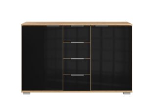 commode de rangement en verre noir avec 4 tiroirs et 2 portes