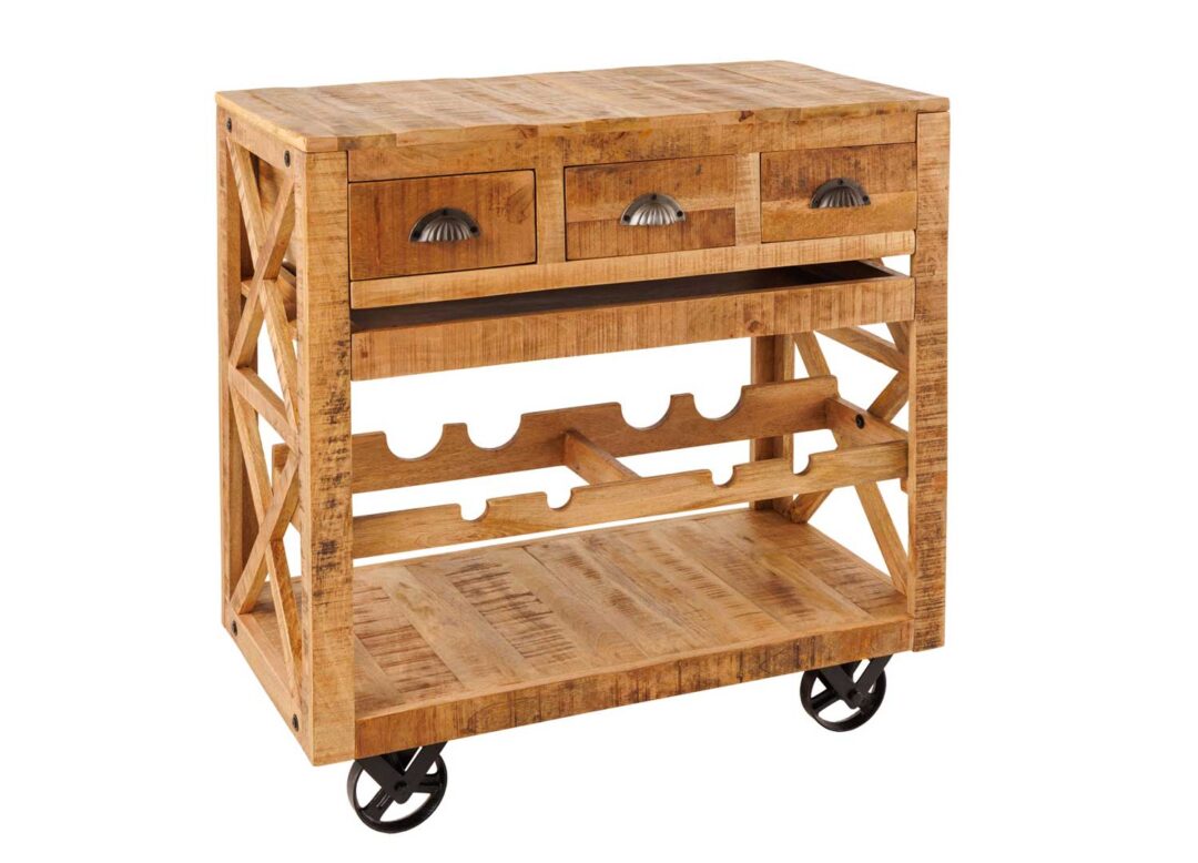 meuble de bar vintage sur roulettes en metal noir et en bois massif de manguier