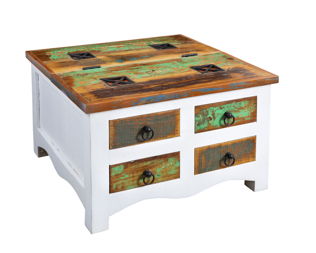 table de salon en bois recycle avec structure blanche et 4 tiroirs