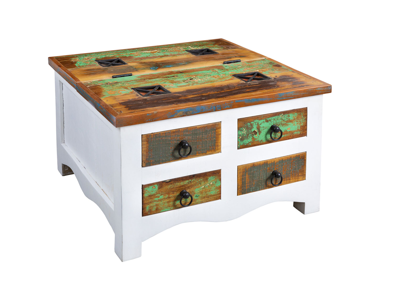 table de salon en bois recycle avec structure blanche et 4 tiroirs