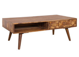 table de salon 110 cm en bois massif avec 2 tiroirs et 2 niches ouvertes