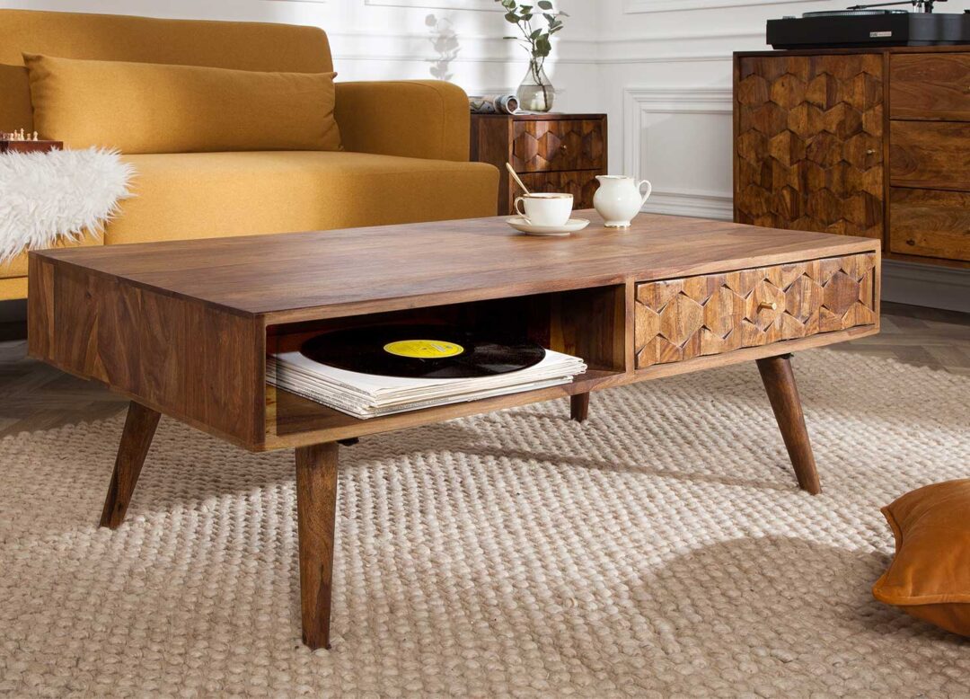 table de salon 110 cm en bois massif avec 2 tiroirs et 2 niches ouvertes