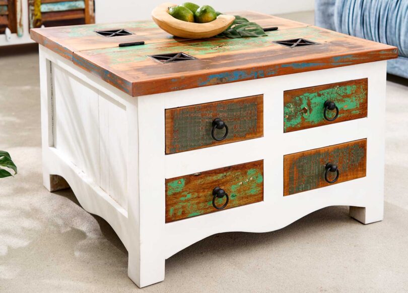 table basse en bois recycle et bois de manguier blanc 70 cm