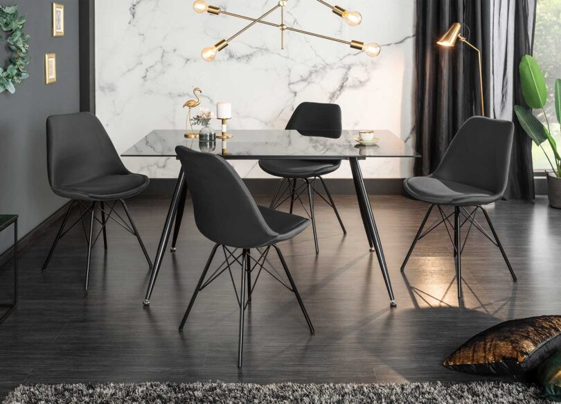 Chaise de salle à manger en tissu velours gris avec table à manger en verre