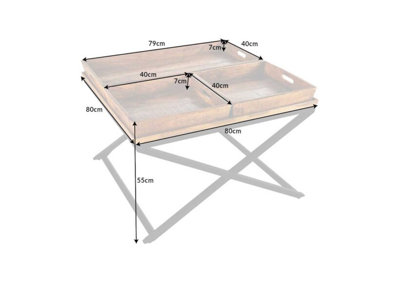 Dimensions de la table basse carrée en bois avec plateaux amovibles