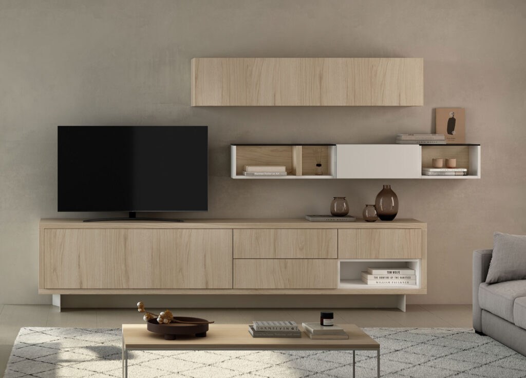 Meubles de salon en bois et blanc épuré de qualité