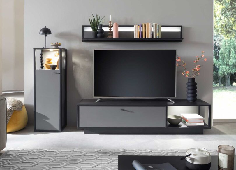 Composition de meubles de salon avec meuble tv, colonne haute et étagère grise