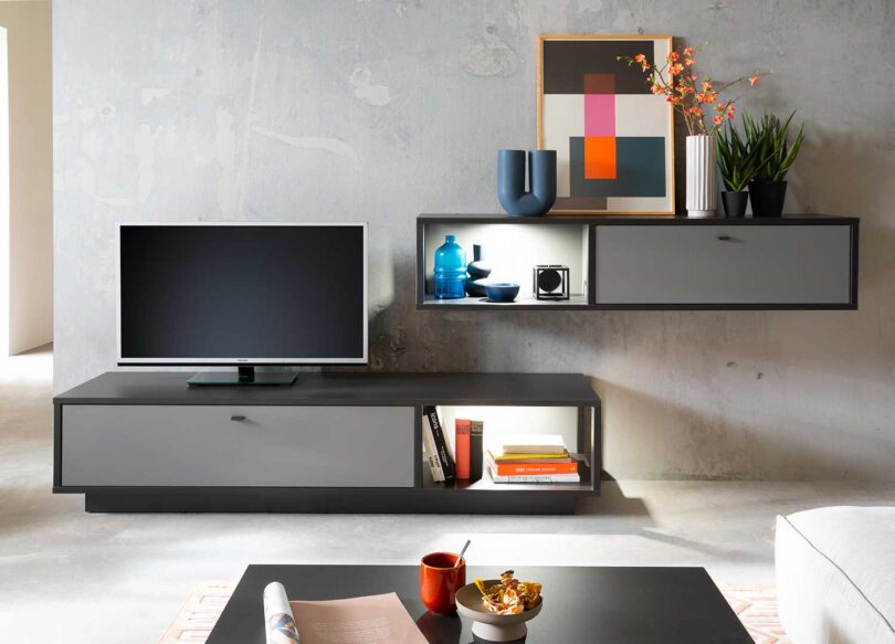 Meuble tv gris avec étagère murale de rangement