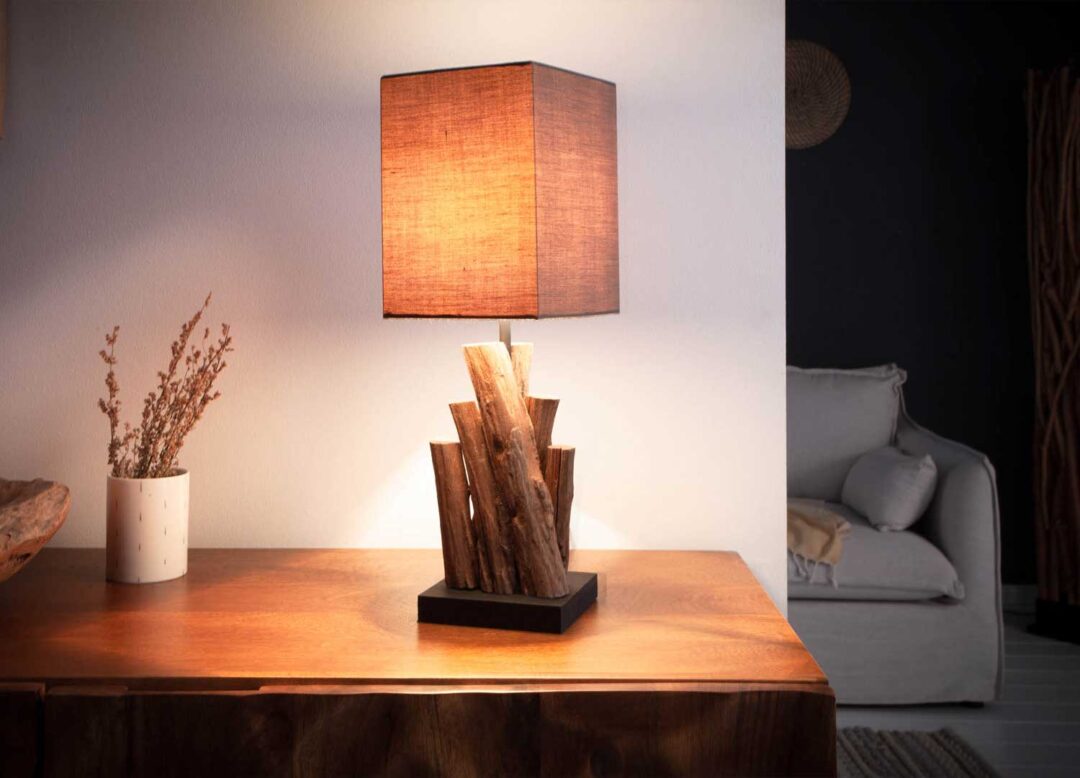 Lampe à poser en bois flotté et coton naturel