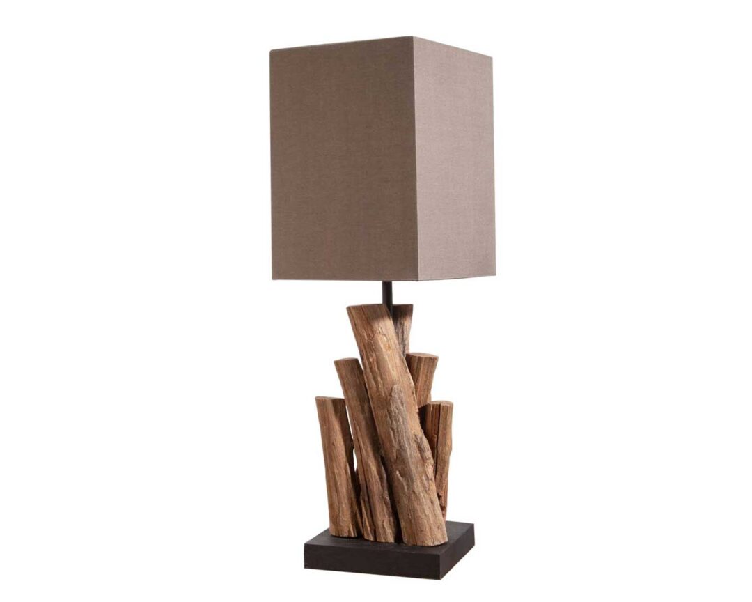 Lampe à poser en bois flotté et lin
