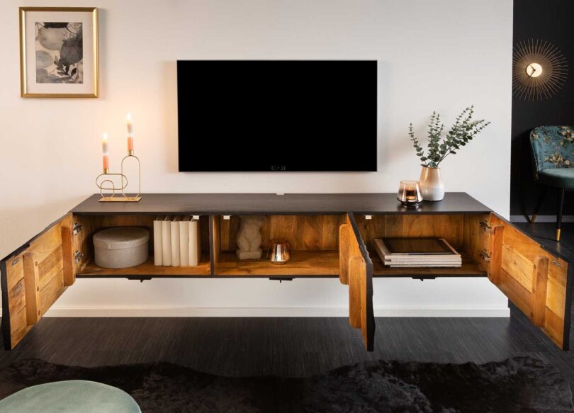 Meuble TV ouvert en bois de manguier noir