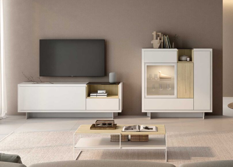 Ensemble de salon meuble tv et vitrine haute blanche et bois