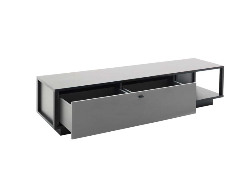 Ouverture du meuble tv gris industriel