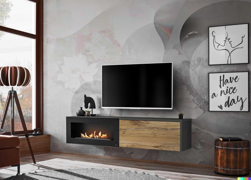Meuble tv cheminée bio éthanol bois foncé et gris anthracite