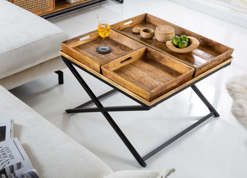 Table de salon en bois de manguier carrée avec plateaux amovibles