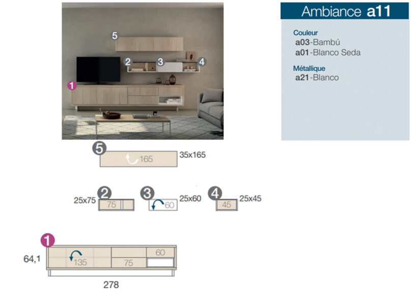 Zoom sur les dimensions de l'ensemble tv et des finitions