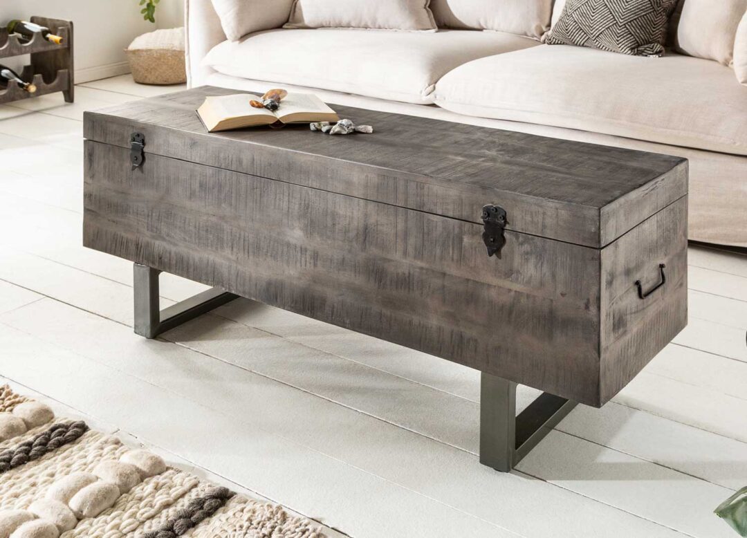 banc coffre 115 cm en bois de manguier teinte grise