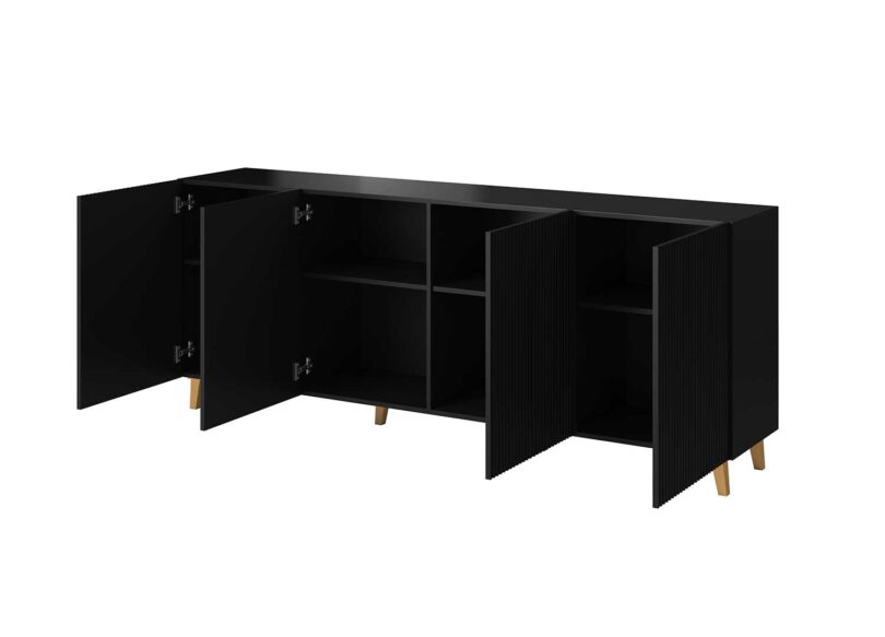 meuble buffet moderne noir 200 cm avec 4 portes et pieds dores