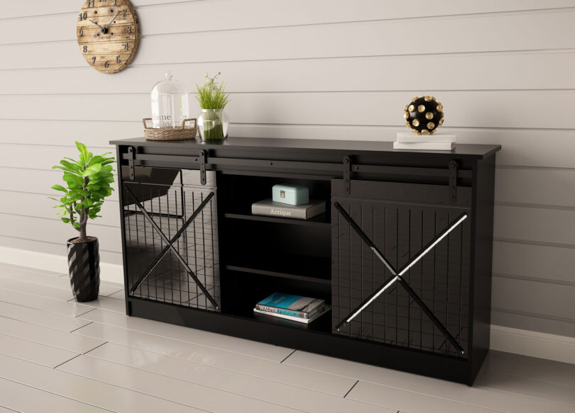 meuble buffet moderne pas cher avec 3 niches ouvertes et 2 portes coulissantes