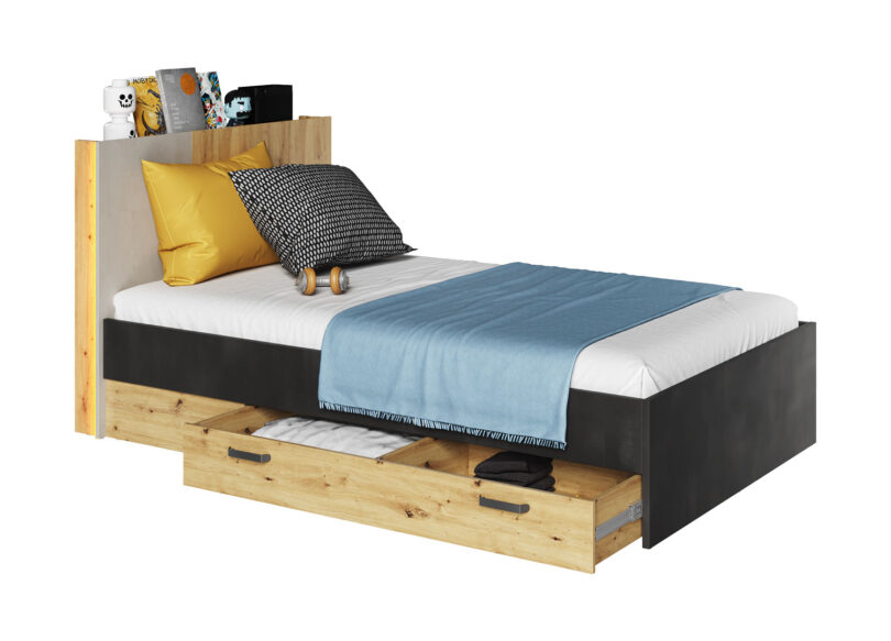 lit pour ado style industriel avec tete de lit eclairee et 2 tiroirs de rangement