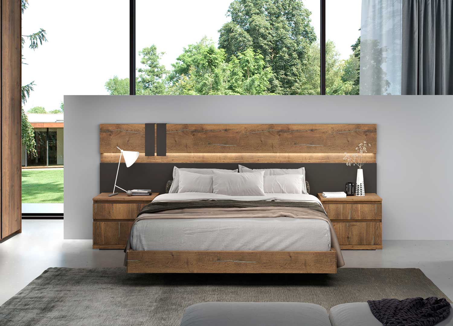lit pour adulte moderne et contemporain de qualité avec tete de lit eclairee 2 chevets et 1 cadre de lit effet sureleve