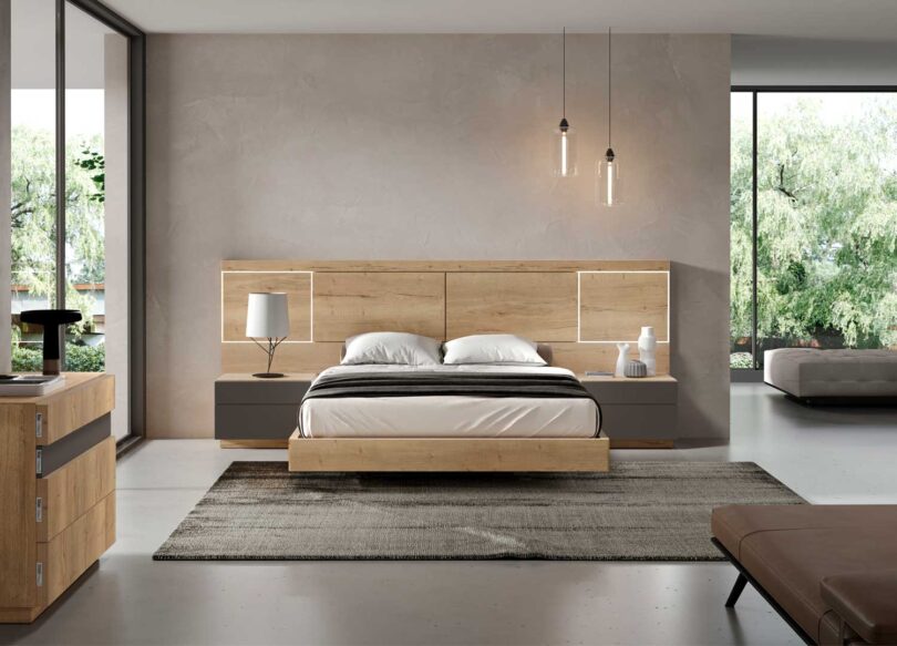 lit pour adulte couleur bois et onix avec tete de lit a led et 2 chevets de 2 tiroirs
