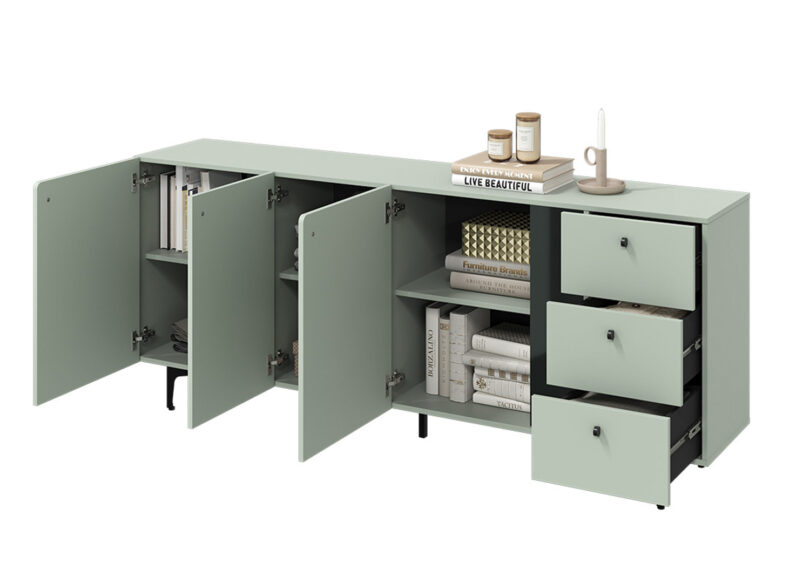 grand buffet salle a manger moderne vert sauge et metal noir