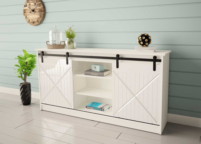 buffet moderne avec 2 portes coulissantes blanc mat et brillant