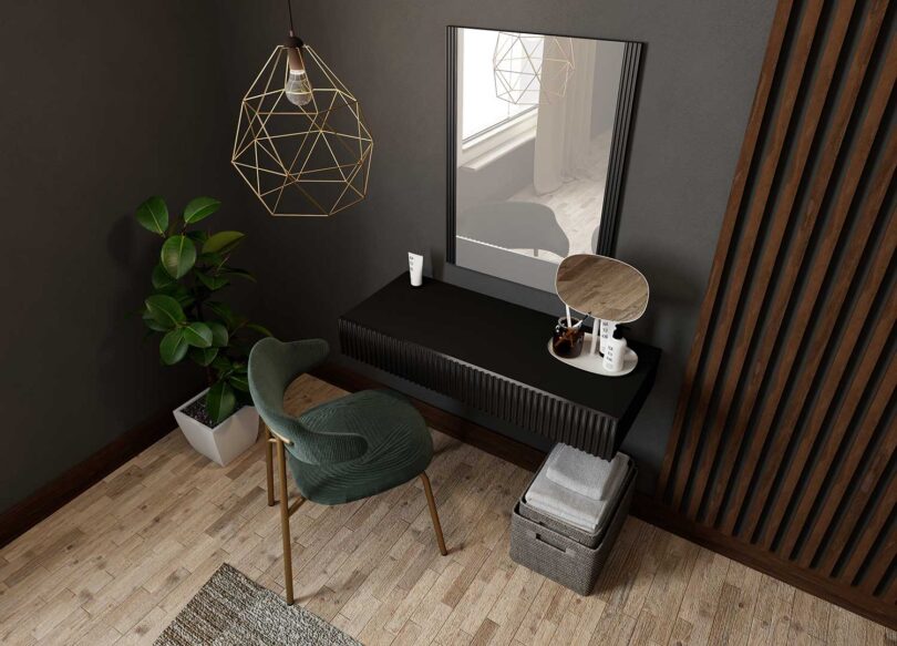 meuble console moderne noir avec 1 tiroir et 1 miroir