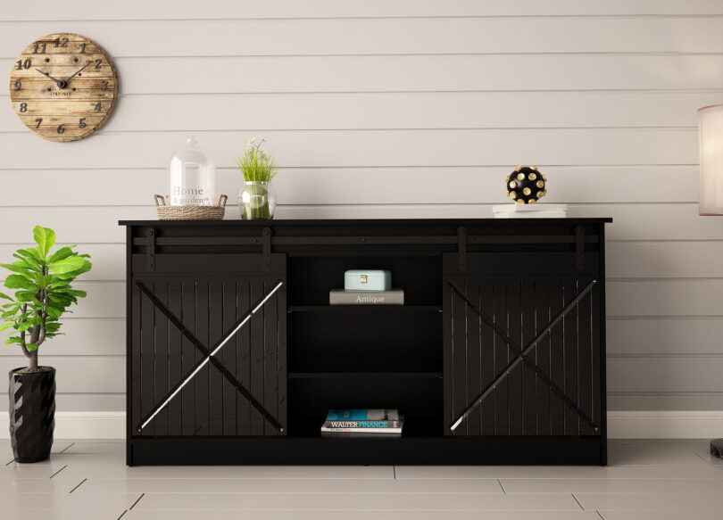 buffet 160 cm pas cher noir mat et brillant avec portes coulissantes