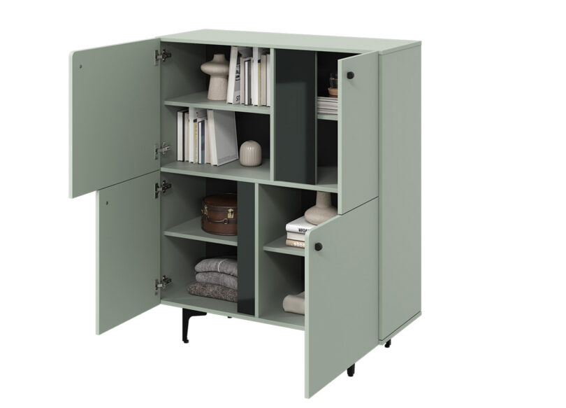 meuble buffet commode en vert sauge clair avec 4 portes et compartiments