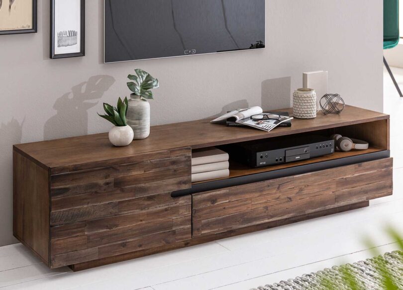 meuble tv retro et industriel en bois fonce d acacia 170 cm