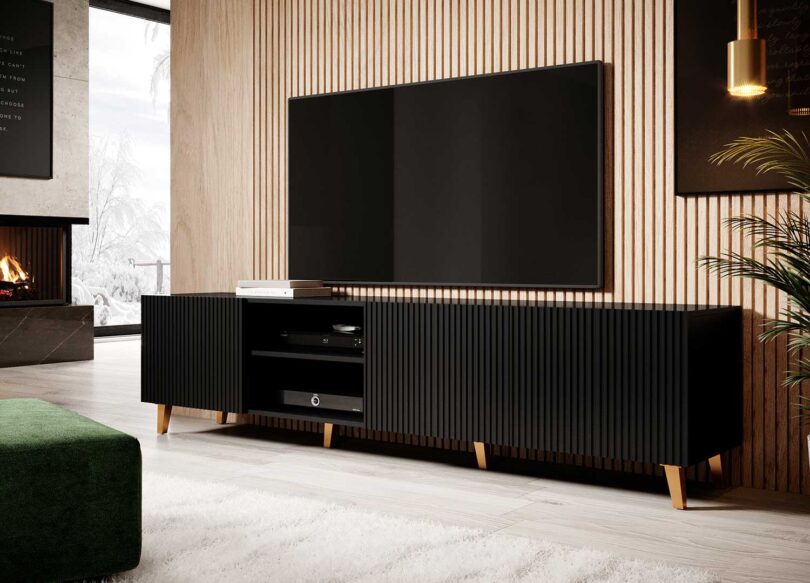 meuble tv noir et 4 portes rainurees pas cher et pieds dores