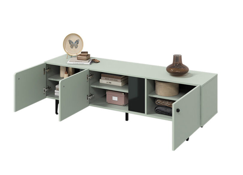 meuble tv 165 cm vert sauge et metal noir 3 portes